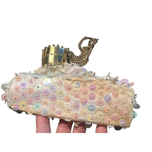 Sequined White Beggars Bag Vintage Expandable Gate Top Accordion Purse -FLAWED - Picture 5 of 13